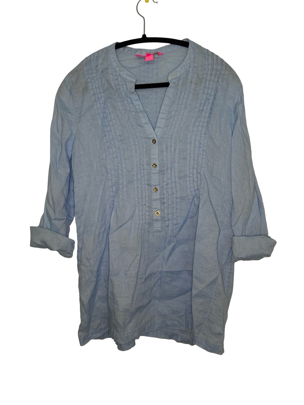 Lilly Pulitzer 100% Linen Sky Blue Pintuck Button-Front Shirt